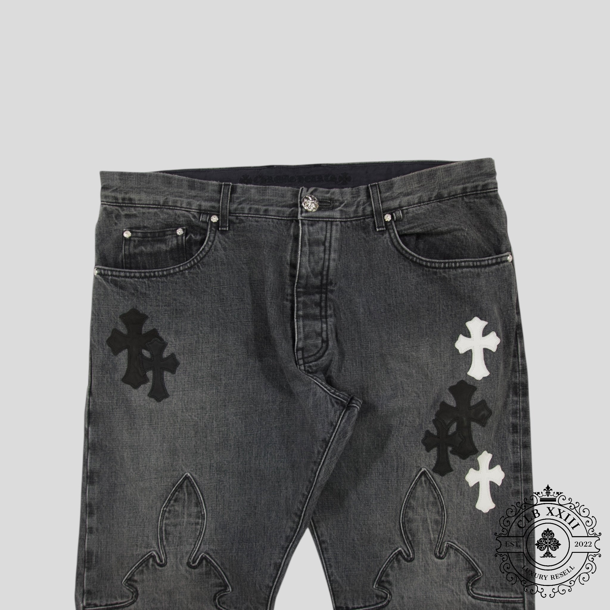 Chrome Heart Fleur Knee Denim in Black/White